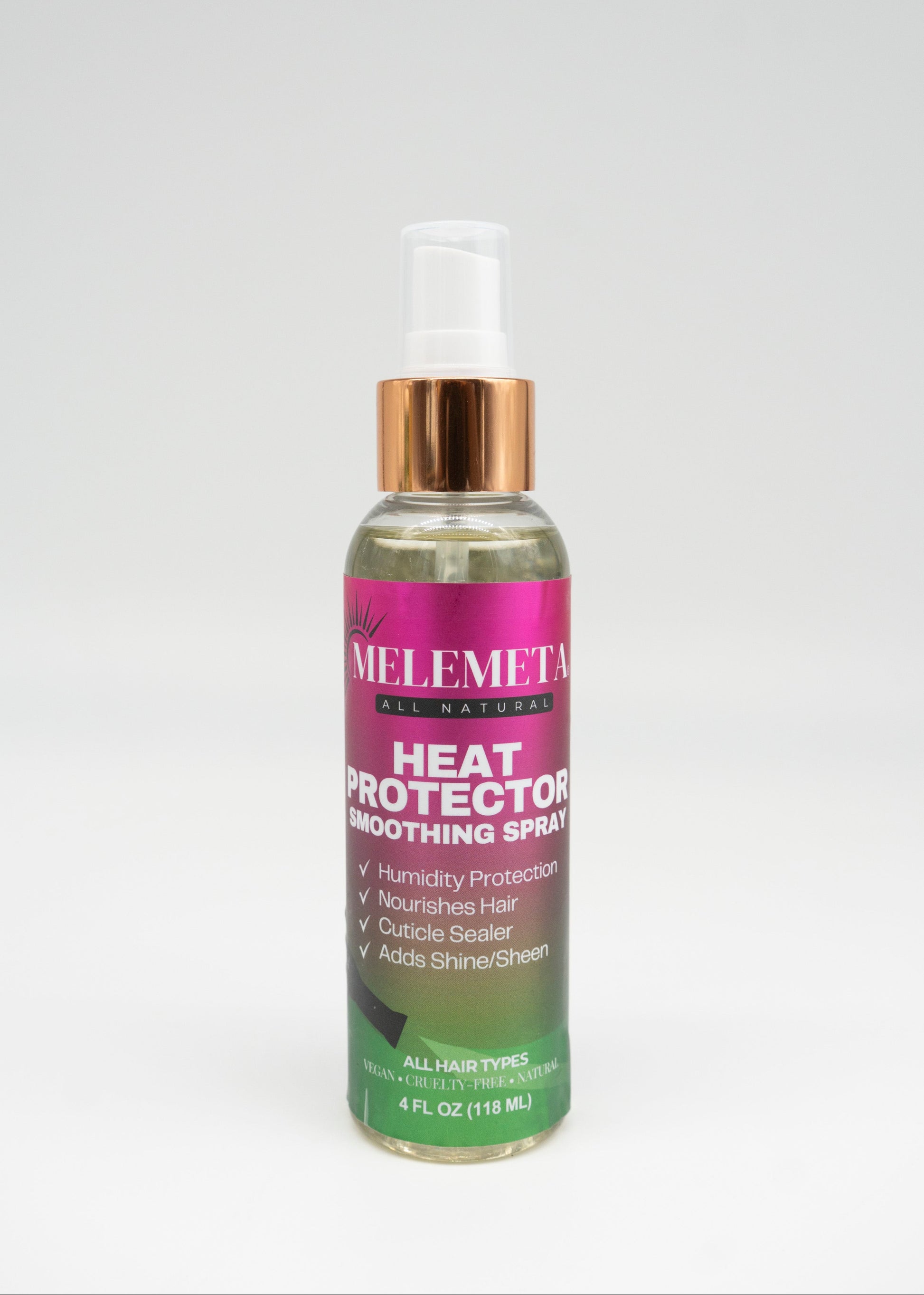 Melemeta heat protector smoothing spray bottle on a white background