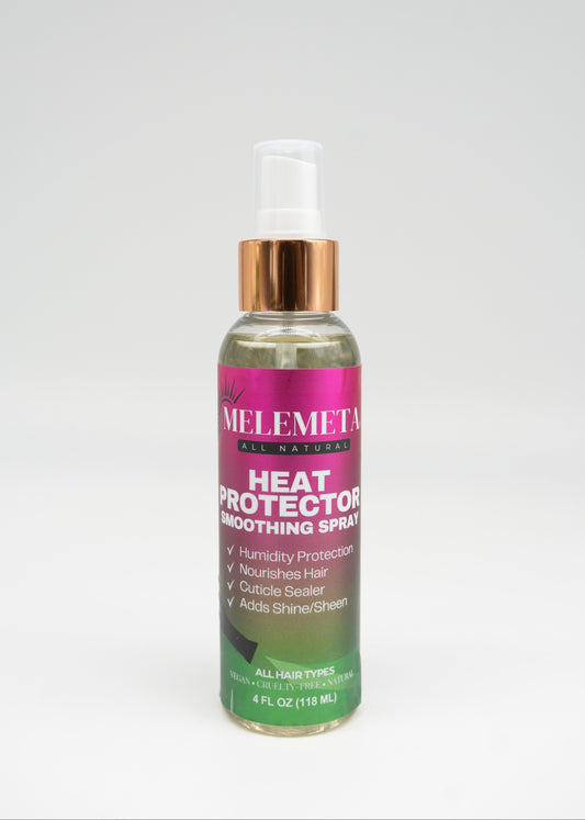 Melemeta heat protector smoothing spray bottle on a white background