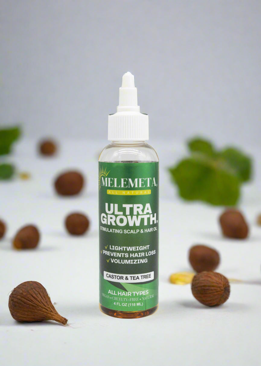 Bottle of Melemeta Ultra Growth hair product on a white background